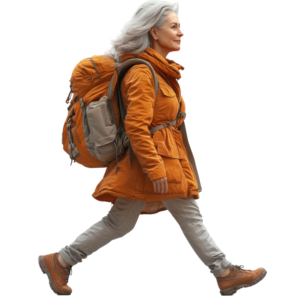 Older woman with gray hair walking on a trail wearing an orange jacket and hiking boots, enjoying nature in autumn isolated on transparent background. png