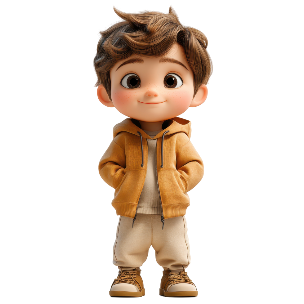 Young boy in casual outfit standing confidently with hands in pockets isolated on transparent background. png
