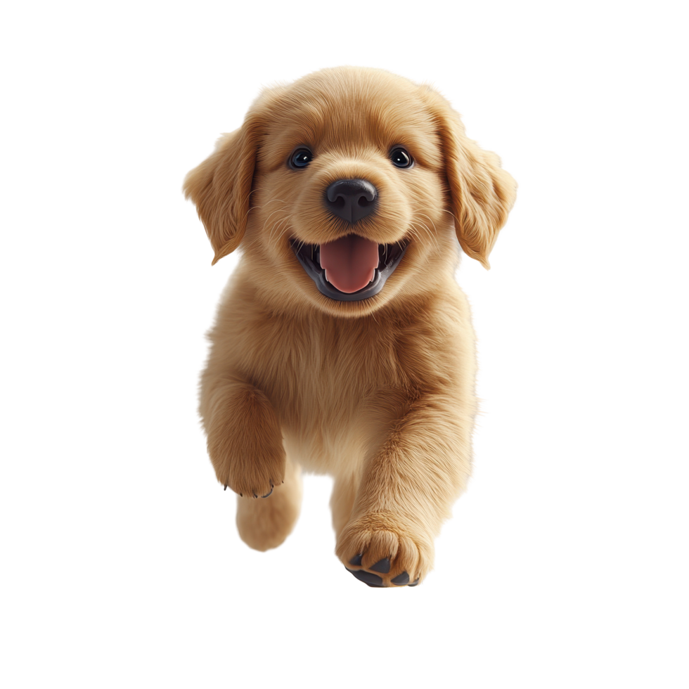 Cute golden retriever puppy running joyfully in a bright, clean space during daytime isolated on transparent background. png