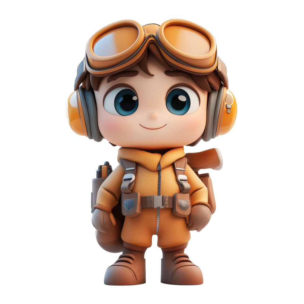 Charming cartoon character in aviator style with goggles and backpack, exploring a vibrant world of imagination and adventure isolated on transparent background. png