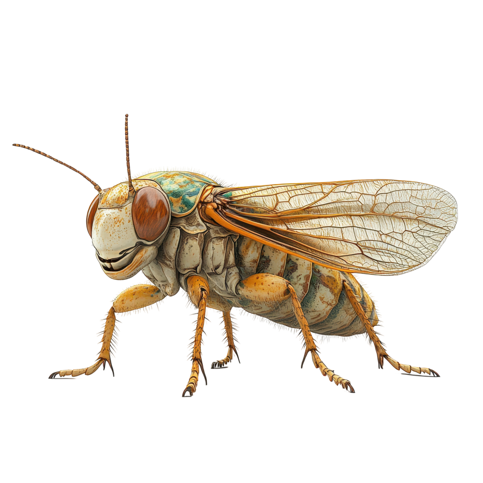 Detailed close-up of an insect showing its intricate features and vibrant colors under natural light isolated on transparent background. png