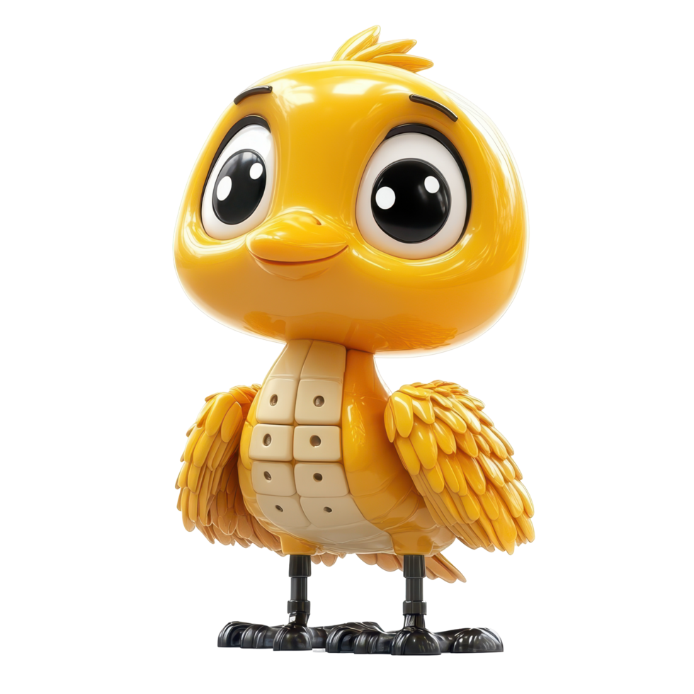 Colorful and playful yellow bird character standing proudly in a whimsical pose with big expressive eyes isolated on transparent background. png