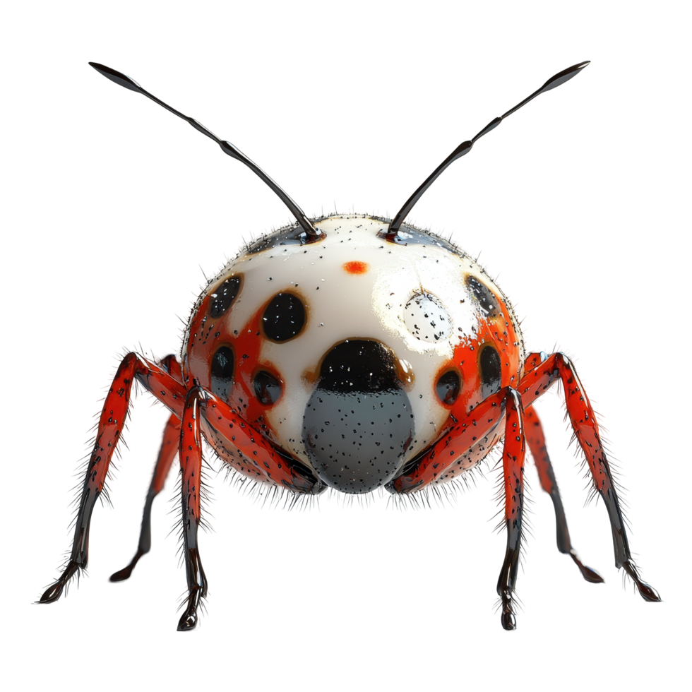 Close-up view of a colorful bug displaying vibrant red and black patterns in a natural setting isolated on transparent background. png