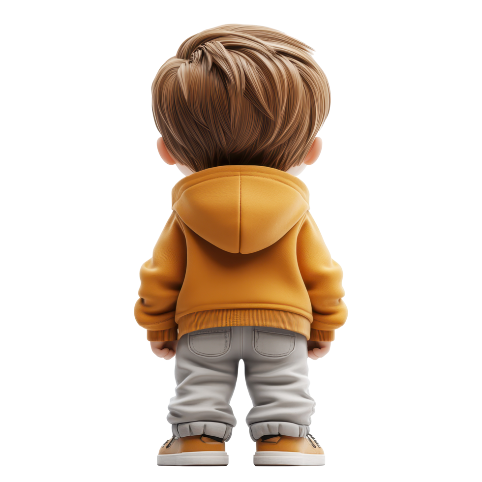 Young boy with brown hair wearing an orange hoodie stands still in a minimalist setting isolated on transparent background. png