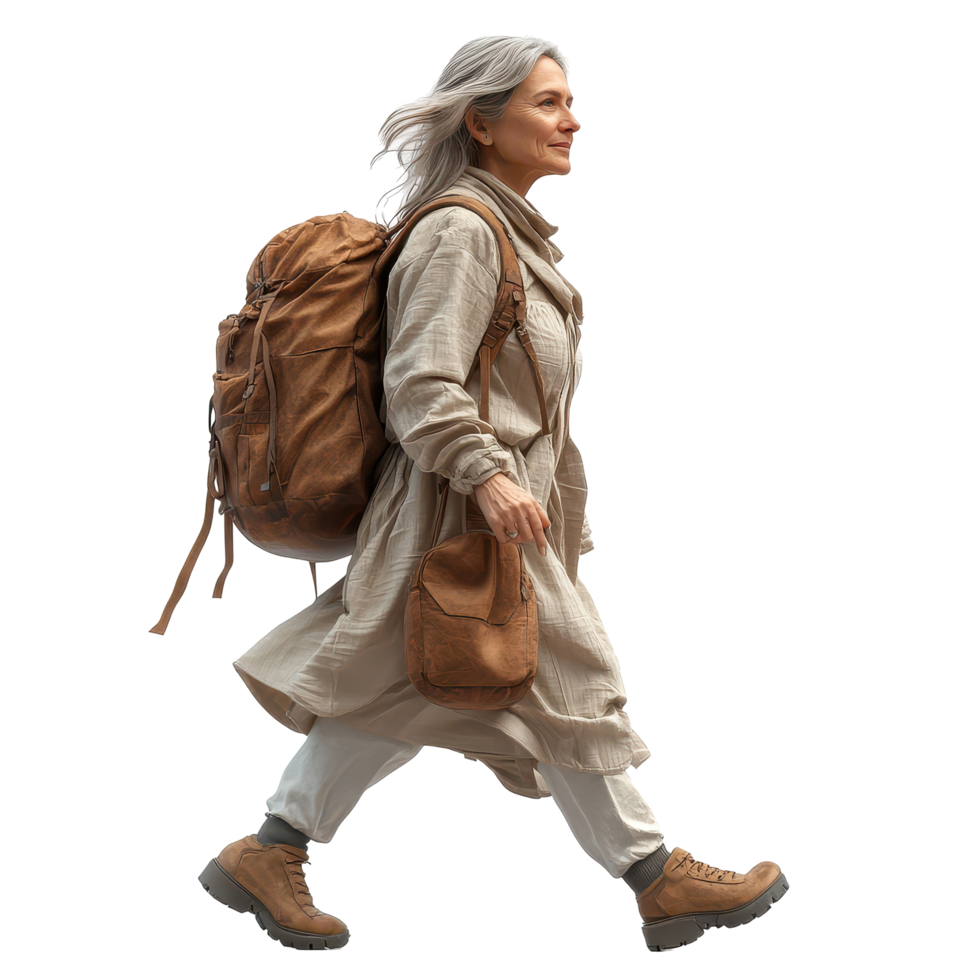 Hiker with a backpack walking confidently on a trail in natural surroundings during daylight isolated on transparent background. png