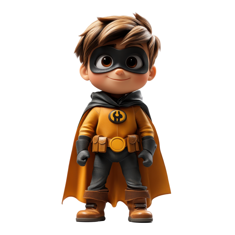 Young superhero character in a vibrant costume with a cape and mask ready for adventure isolated on transparent background. png