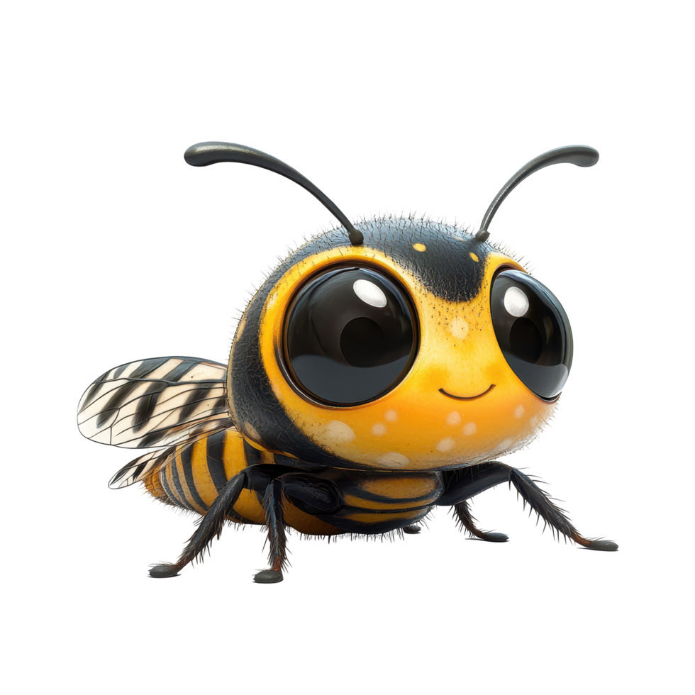 Cute cartoon bee character smiling joyfully in a bright and playful setting isolated on transparent background. png