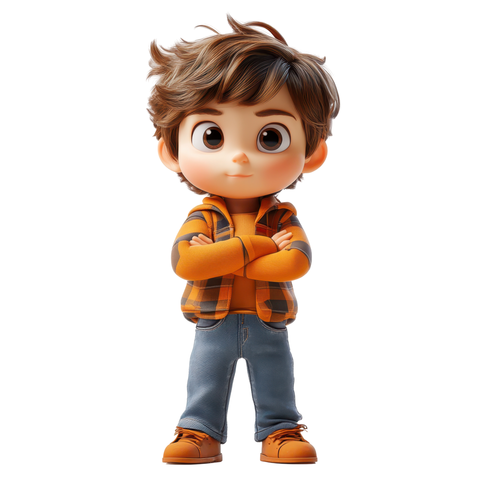 Cute animated boy in casual attire with tousled hair standing confidently in a playful pose isolated on transparent background. png