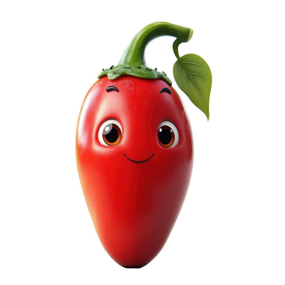 Happy red chili pepper character with big eyes and a green leaf in a bright background isolated on transparent background. png