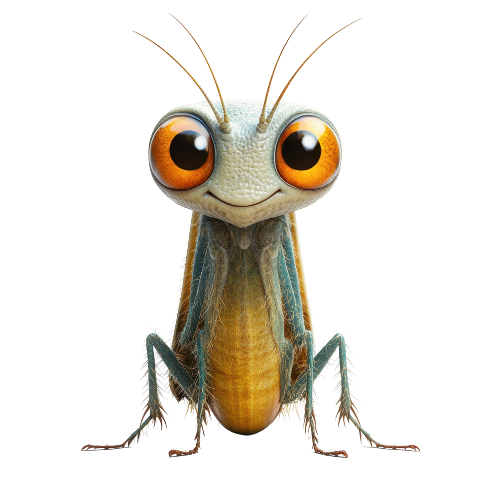 Colorful animated insect character with big eyes and friendly expression sitting on a white background isolated on transparent background. png