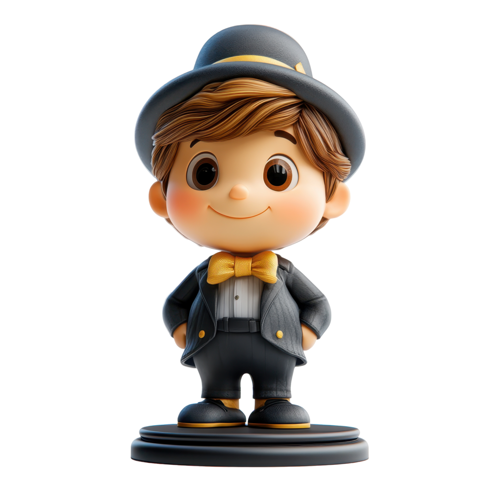 Charming character figure dressed in a formal suit with a hat on a display base isolated on transparent background. png