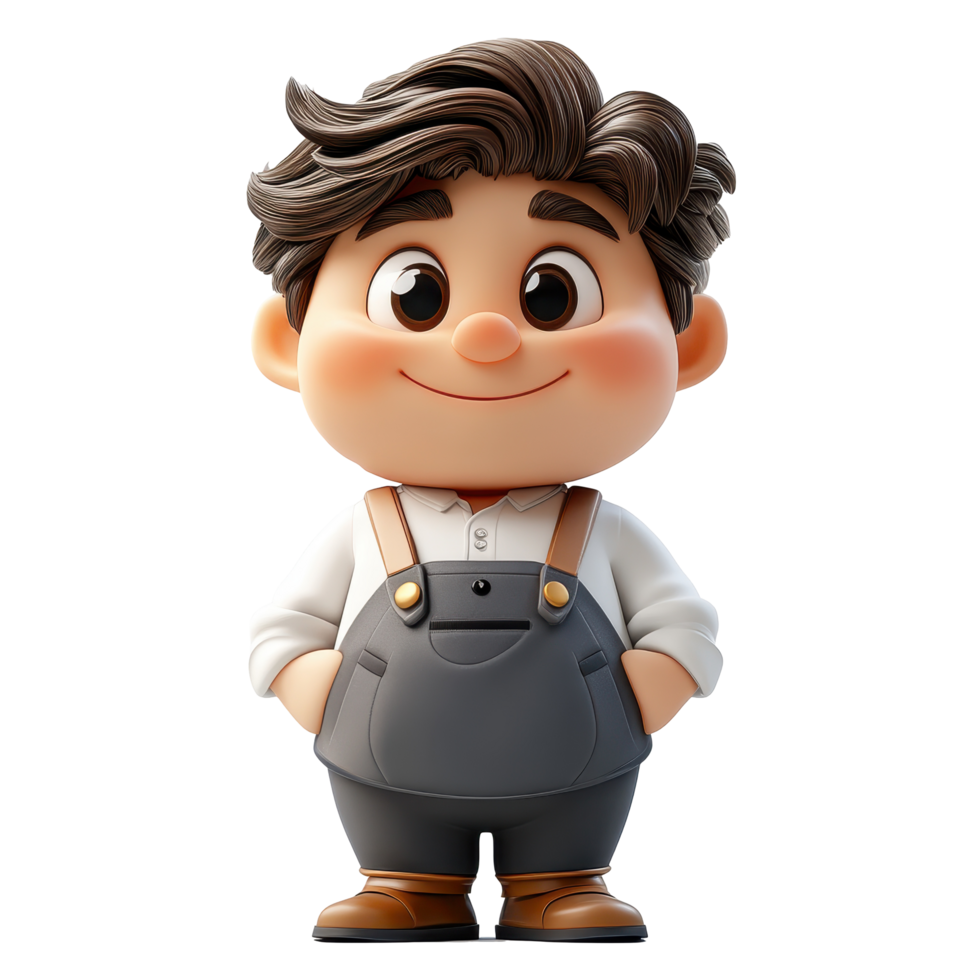Cheerful animated character with brown hair and overalls stands confidently with hands on hips isolated on transparent background. png