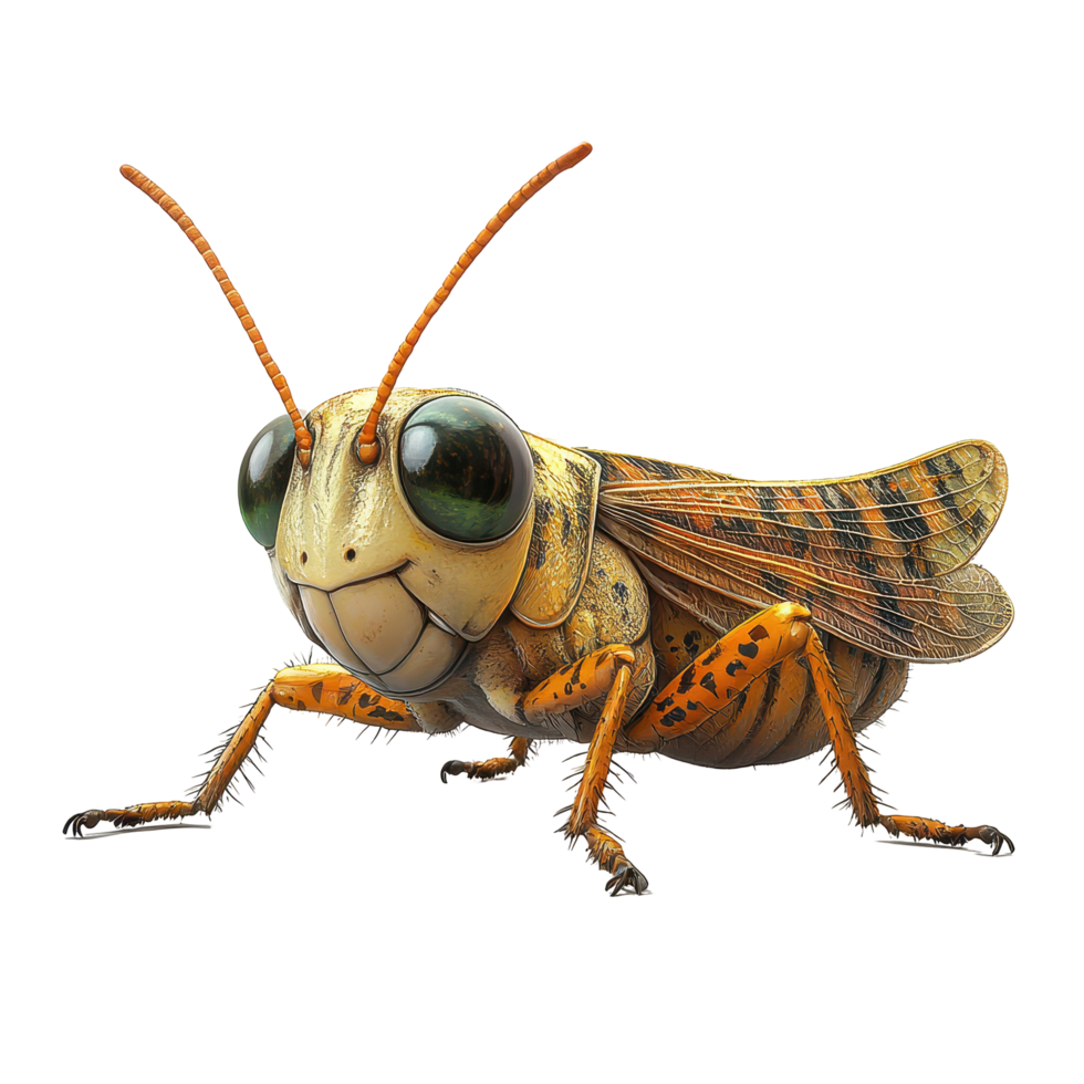 Grasshopper with oversized eyes and intricate patterns on its body in a clean white background isolated on transparent background. png