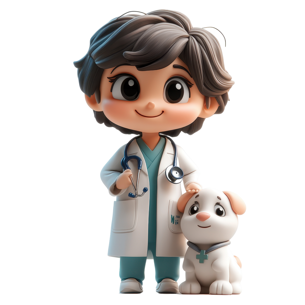 Young veterinarian smiles warmly while holding a stethoscope next to a small puppy in a bright, cheerful setting isolated on transparent background. png
