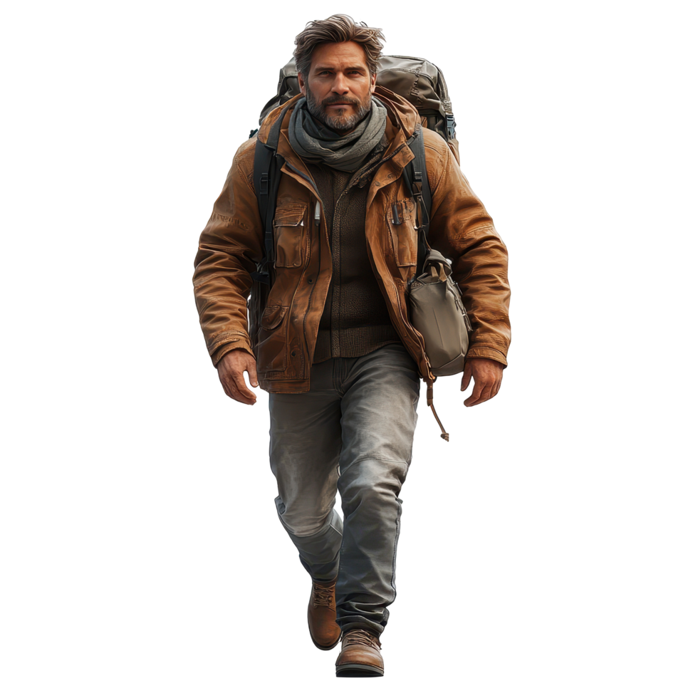Man with a backpack walking through a natural landscape in the early morning light during an outdoor adventure isolated on transparent background. png