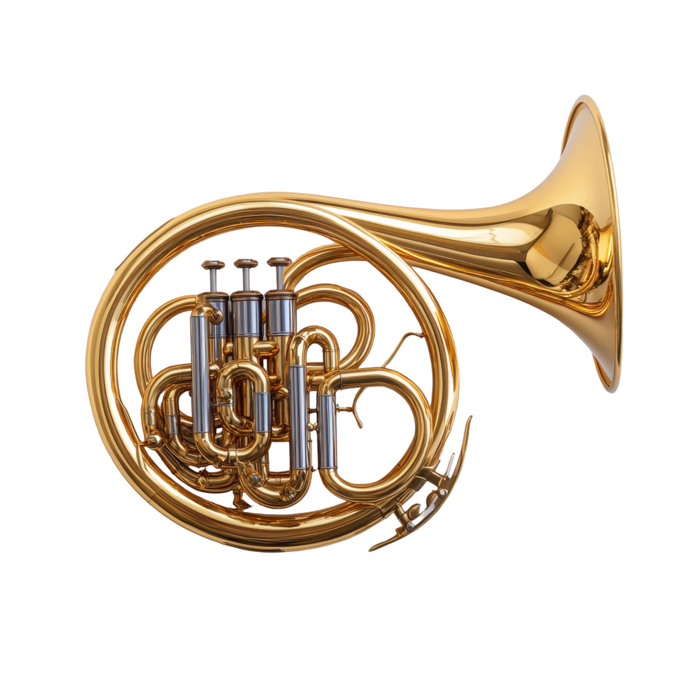Musical brass instrument displayed in a detailed close-up view highlighting its elegant design and craftsmanship isolated on transparent background. png