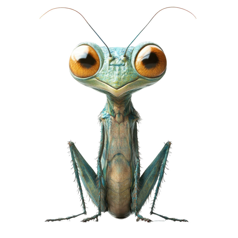 Colorful mantis with large eyes posing against a white background showcasing detailed features isolated on transparent background. png