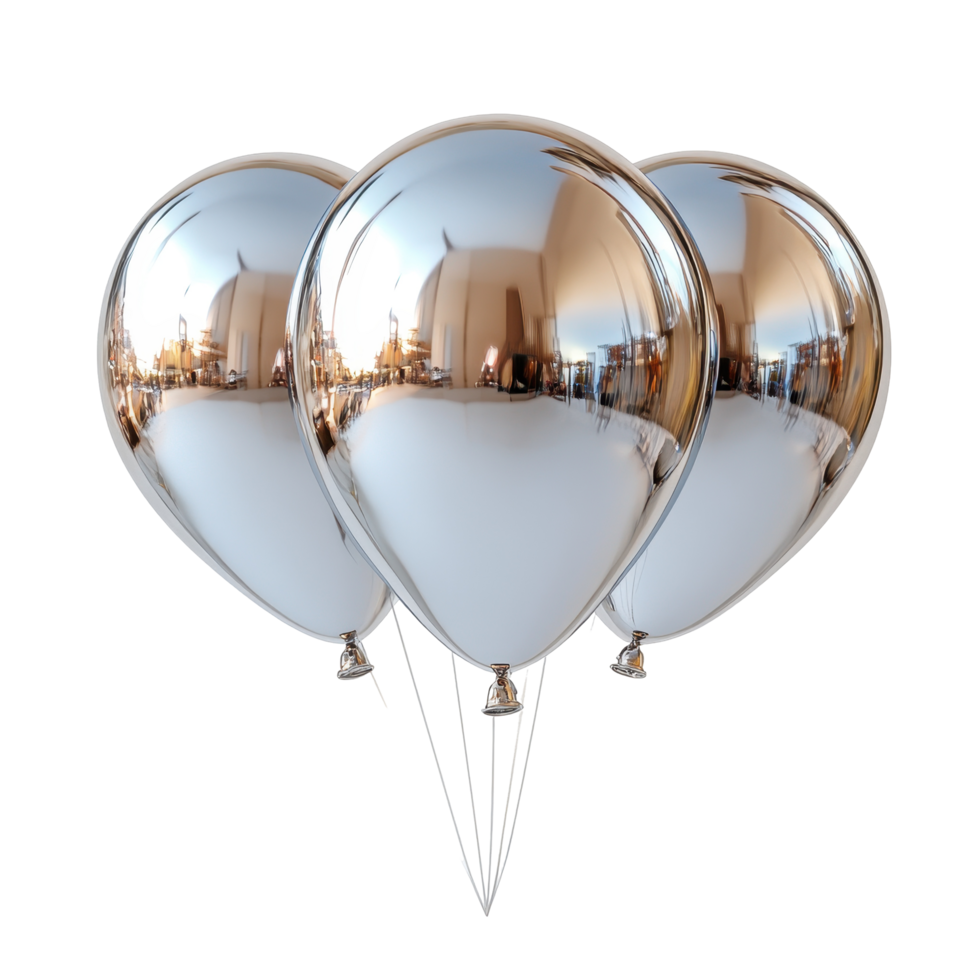 Shiny metallic balloons floating in a bright environment during a festive celebration isolated on transparent background. png
