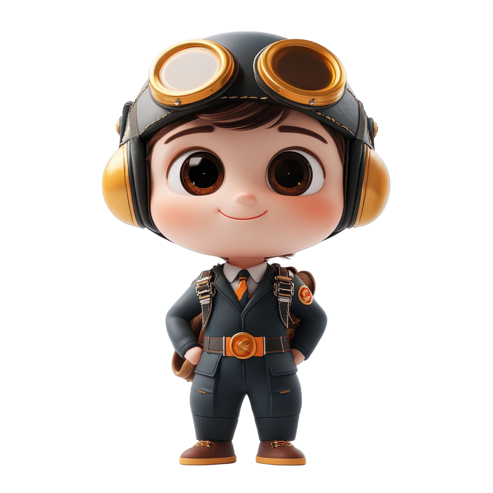 Cute animated pilot character wearing goggles and a flight suit stands confidently with hands on hips isolated on transparent background. png
