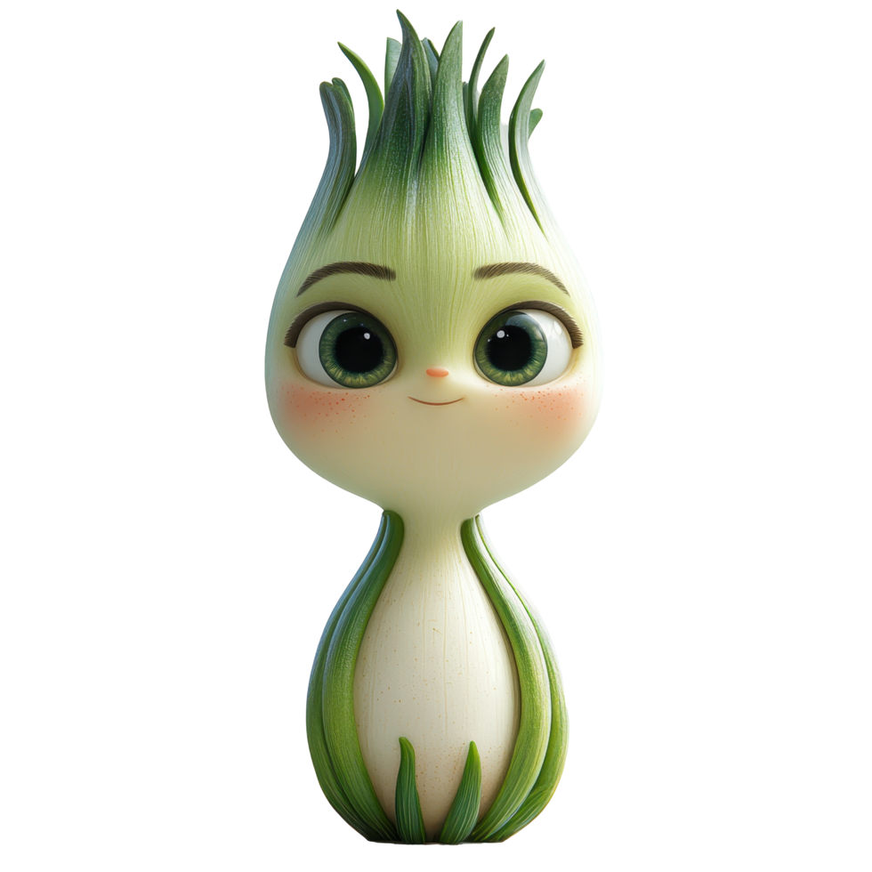 Cheerful green character with playful expression and vibrant hair design, standing in front of a simple background isolated on transparent background. png