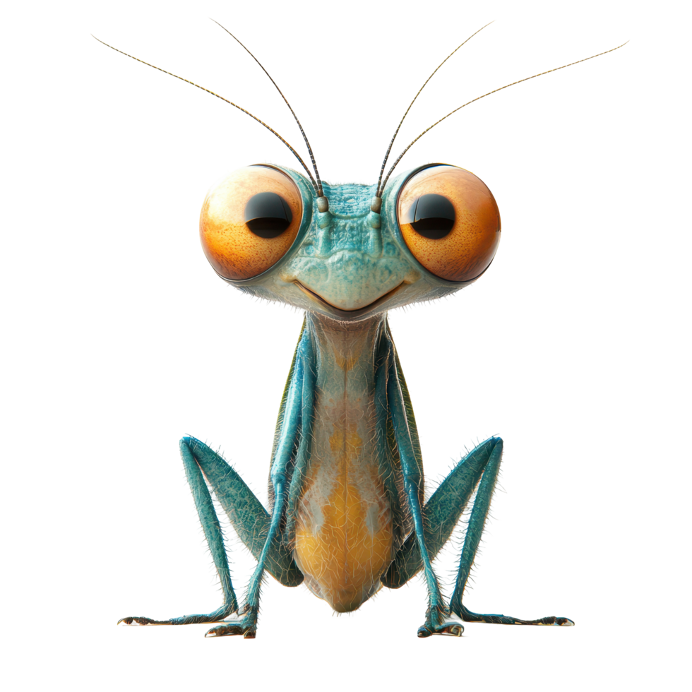 Unique close-up of a colorful, cartoonish grasshopper with large expressive eyes isolated on transparent background. png