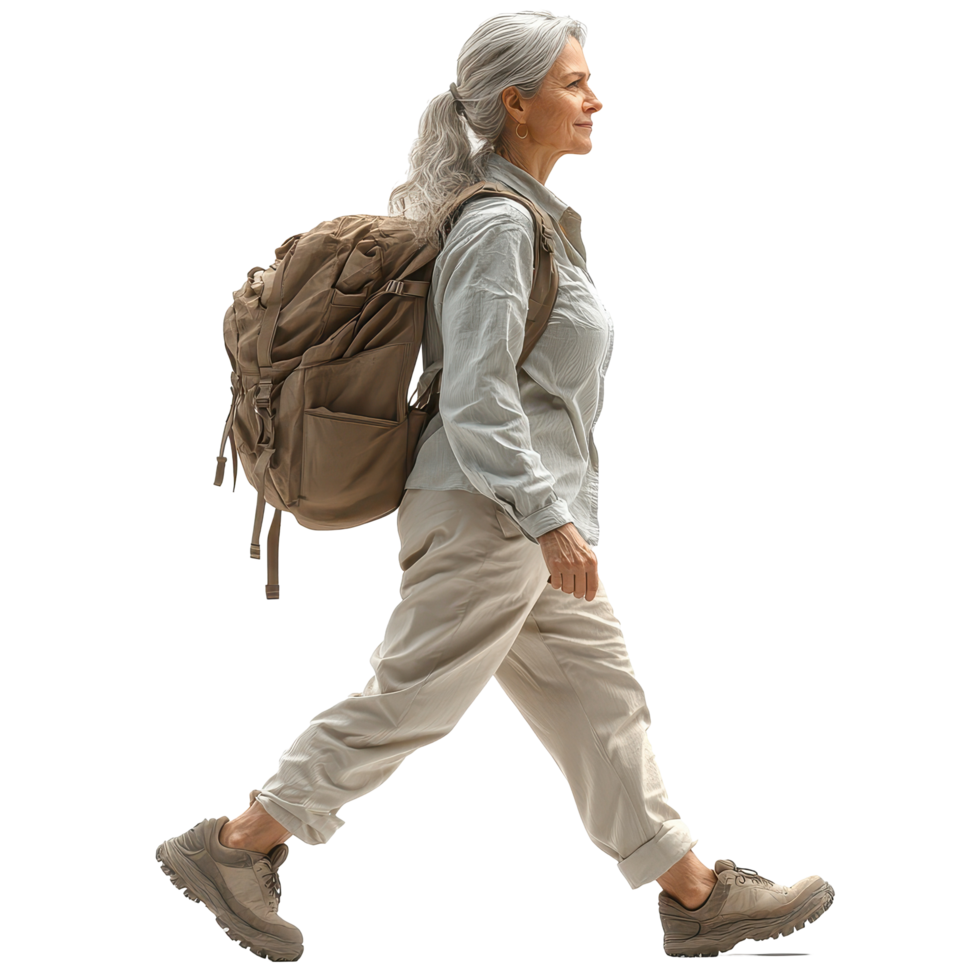 Senior woman hiking on a nature trail with a backpack during a sunny day in the summer isolated on transparent background. png