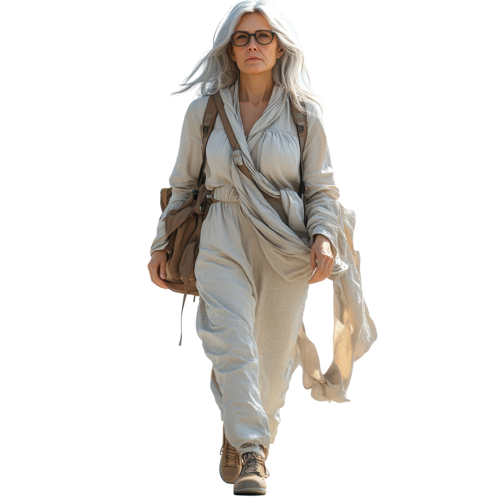 Woman in gray attire walks confidently in a desert setting, showcasing adventurous spirit and resilience while carrying a backpack isolated on transparent background. png