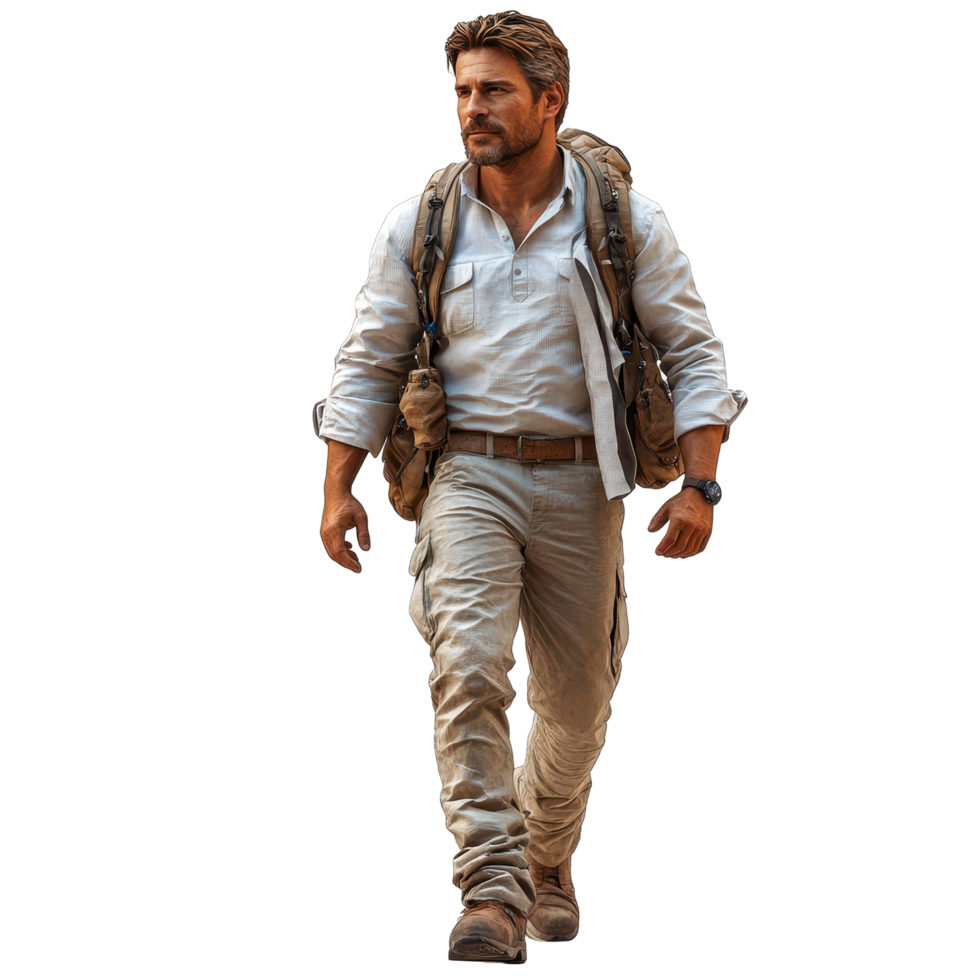 Adventurer explores rugged terrain in search of hidden treasures during golden hour isolated on transparent background. png