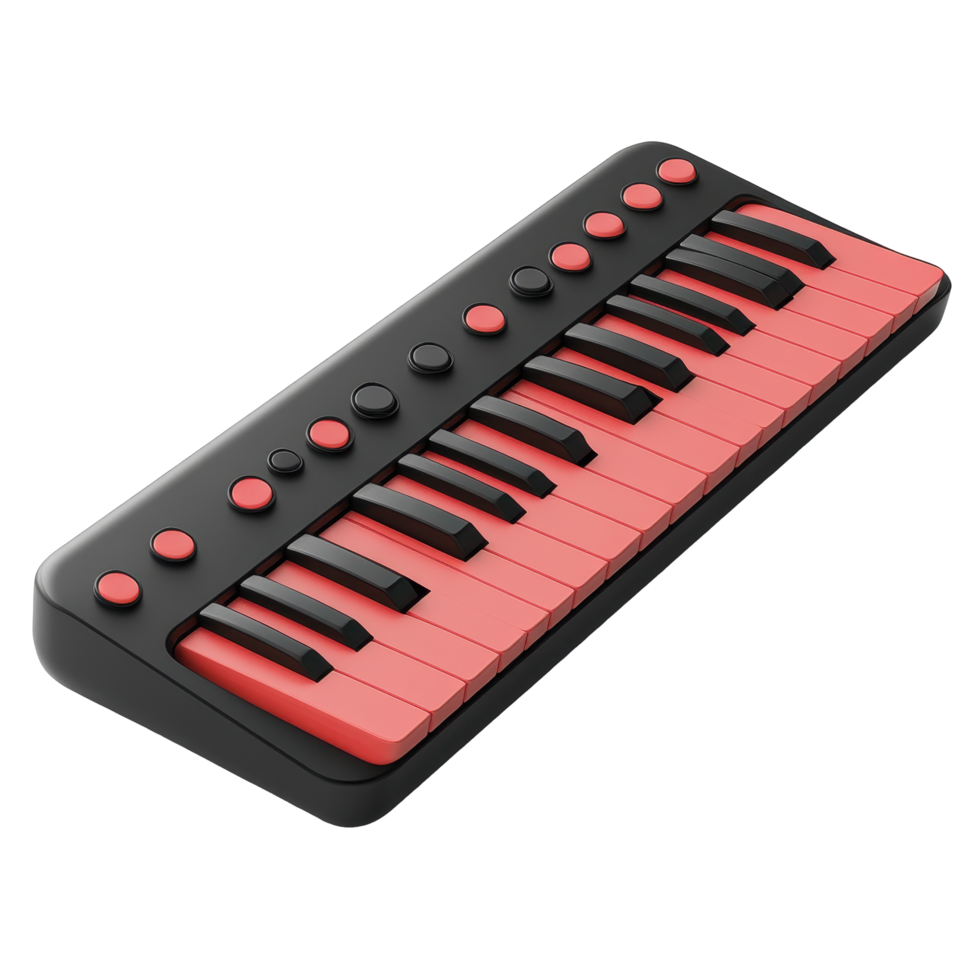 Brightly colored keyboard with black and red keys on a white background suitable for musical practice isolated on transparent background. png