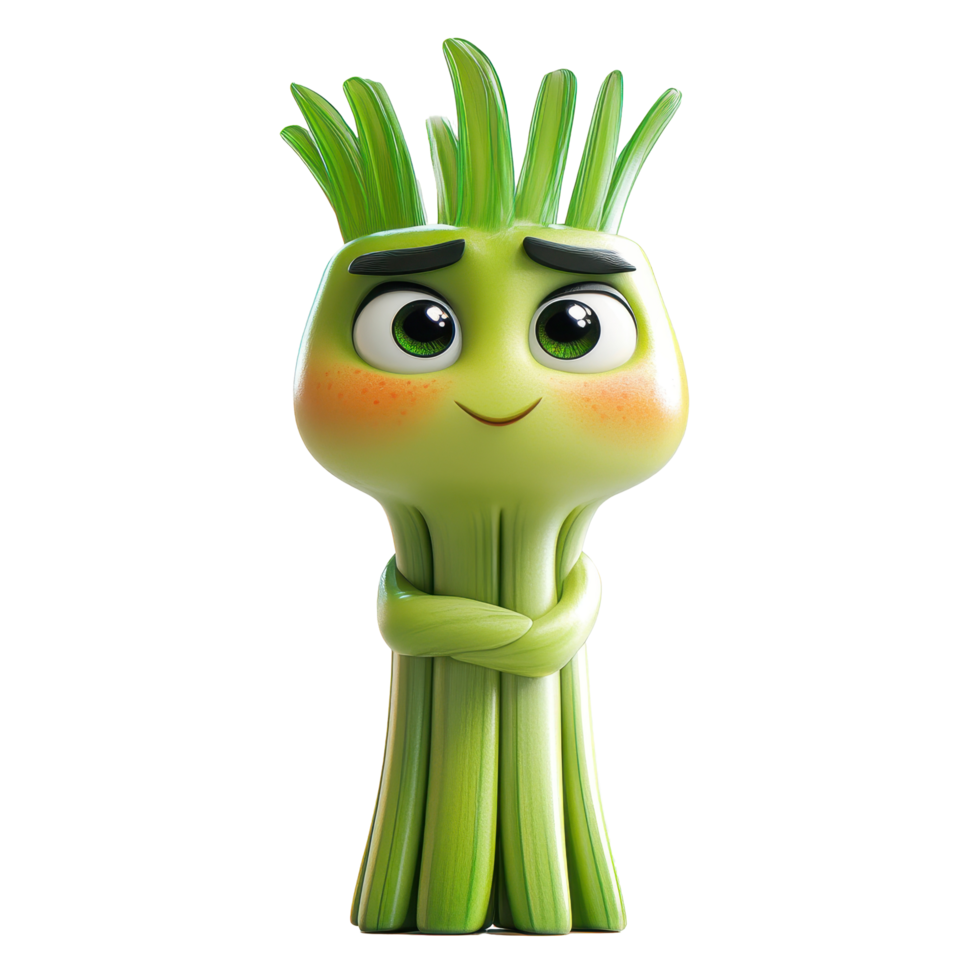 Cute animated green character with expressive eyes poses confidently with crossed arms in a playful setting isolated on transparent background. png