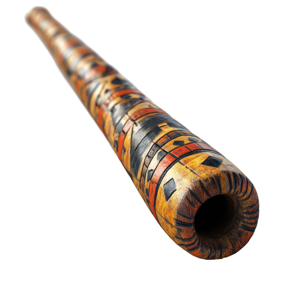Traditional wooden didgeridoo with intricate carvings displayed on a white background reflecting cultural artistry isolated on transparent background. png