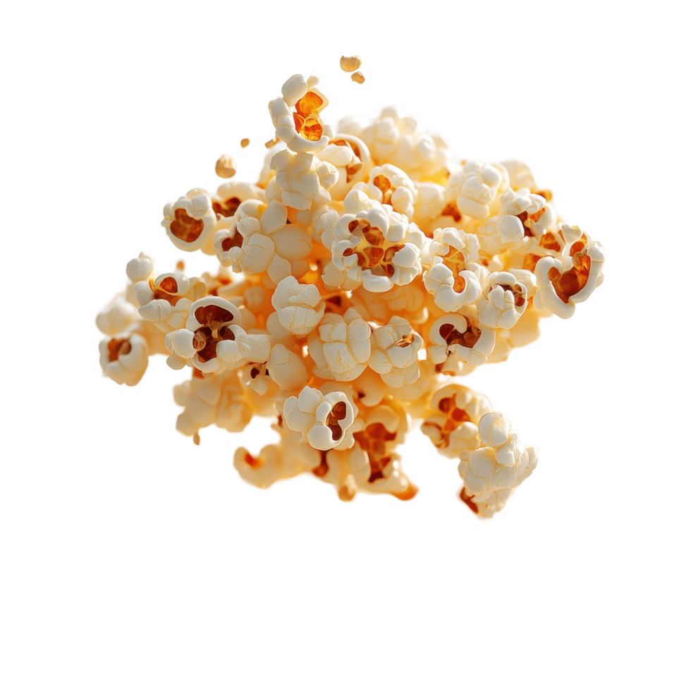 Air-popped popcorn floating in the air during a kitchen preparation for a movie night snack or a party treat isolated on transparent background. png