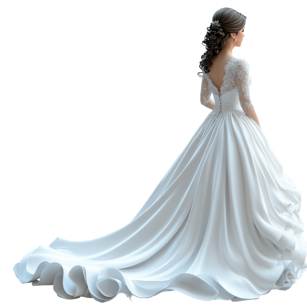 Elegant wedding dress showcased by a bride with flowing hair, perfect for a romantic ceremony in a bright setting isolated on transparent background. png