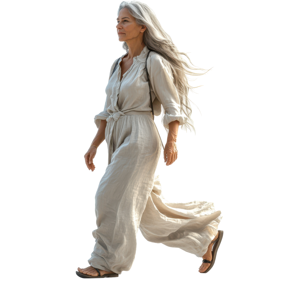 Elegant woman with long grey hair walks on the beach wearing a light outfit, enjoying a sunny day by the ocean isolated on transparent background. png