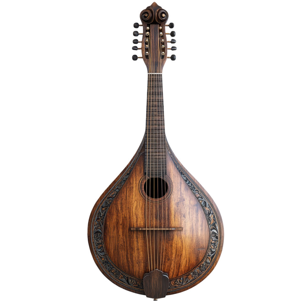 Beautiful wooden mandolin with intricate design and high-quality craftsmanship displayed prominently in a well-lit area isolated on transparent background. png
