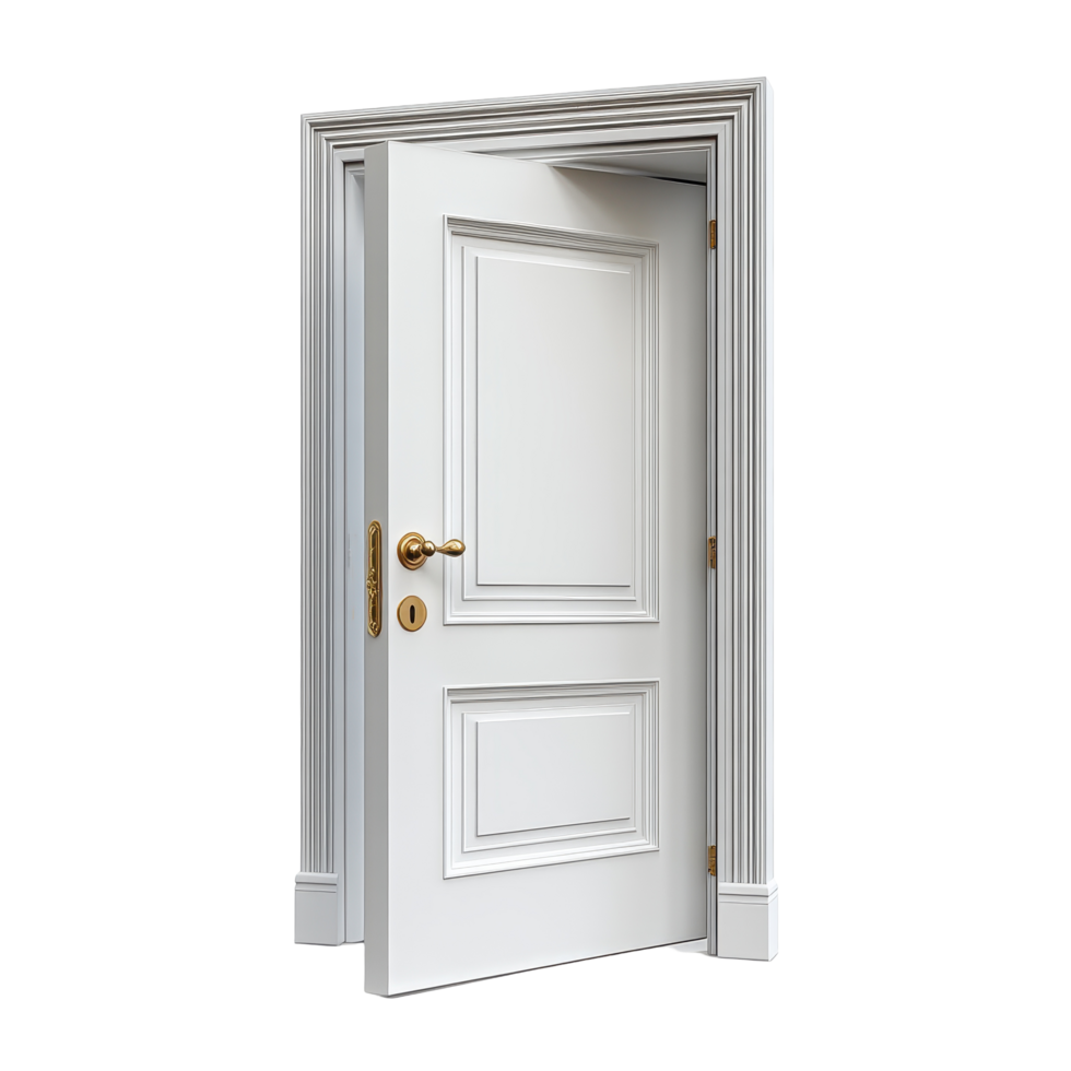 Elegant white door in a modern interior setting showcasing intricate design and classic hardware isolated on transparent background. png