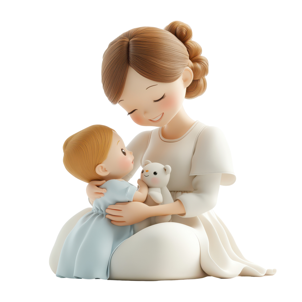 Mom and baby share a tender moment while playing with a stuffed toy in a cozy setting isolated on transparent background. png
