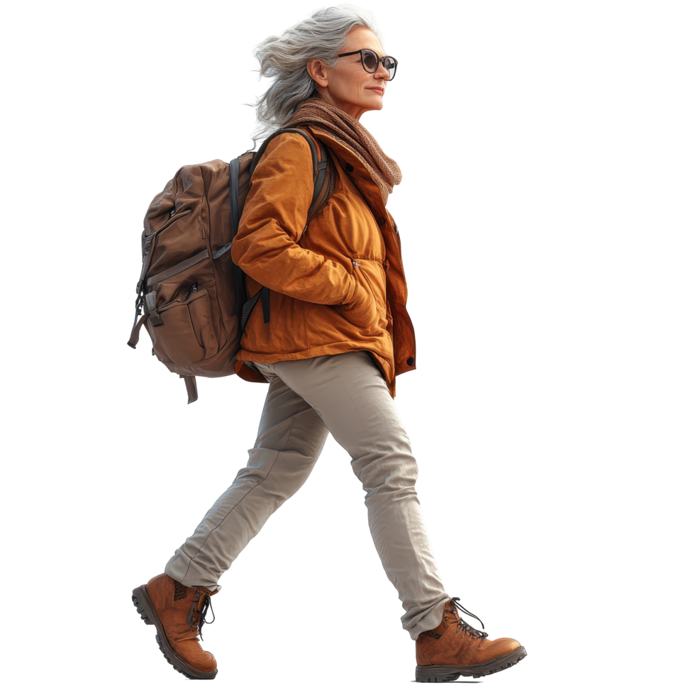 Mature woman walking confidently on a clear path with a backpack during a bright day isolated on transparent background. png