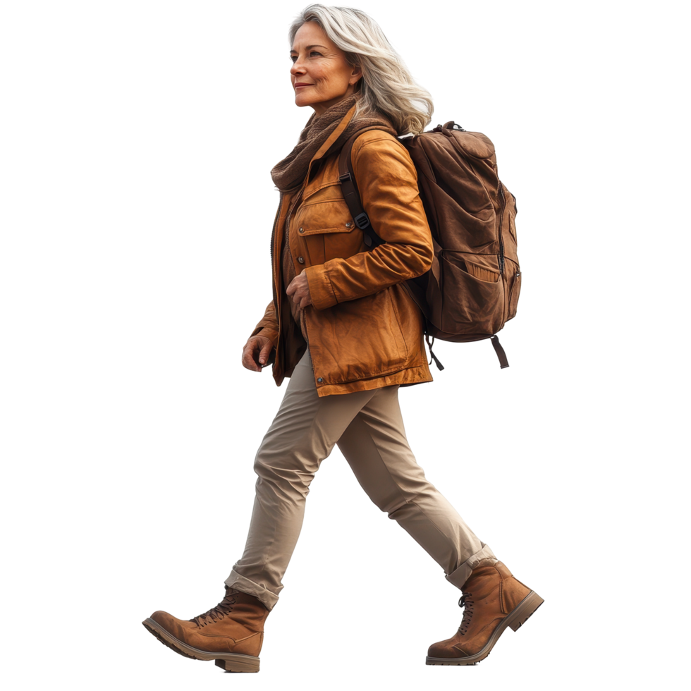 Woman walking confidently with backpack in a stylish brown jacket and sturdy boots isolated on transparent background. png