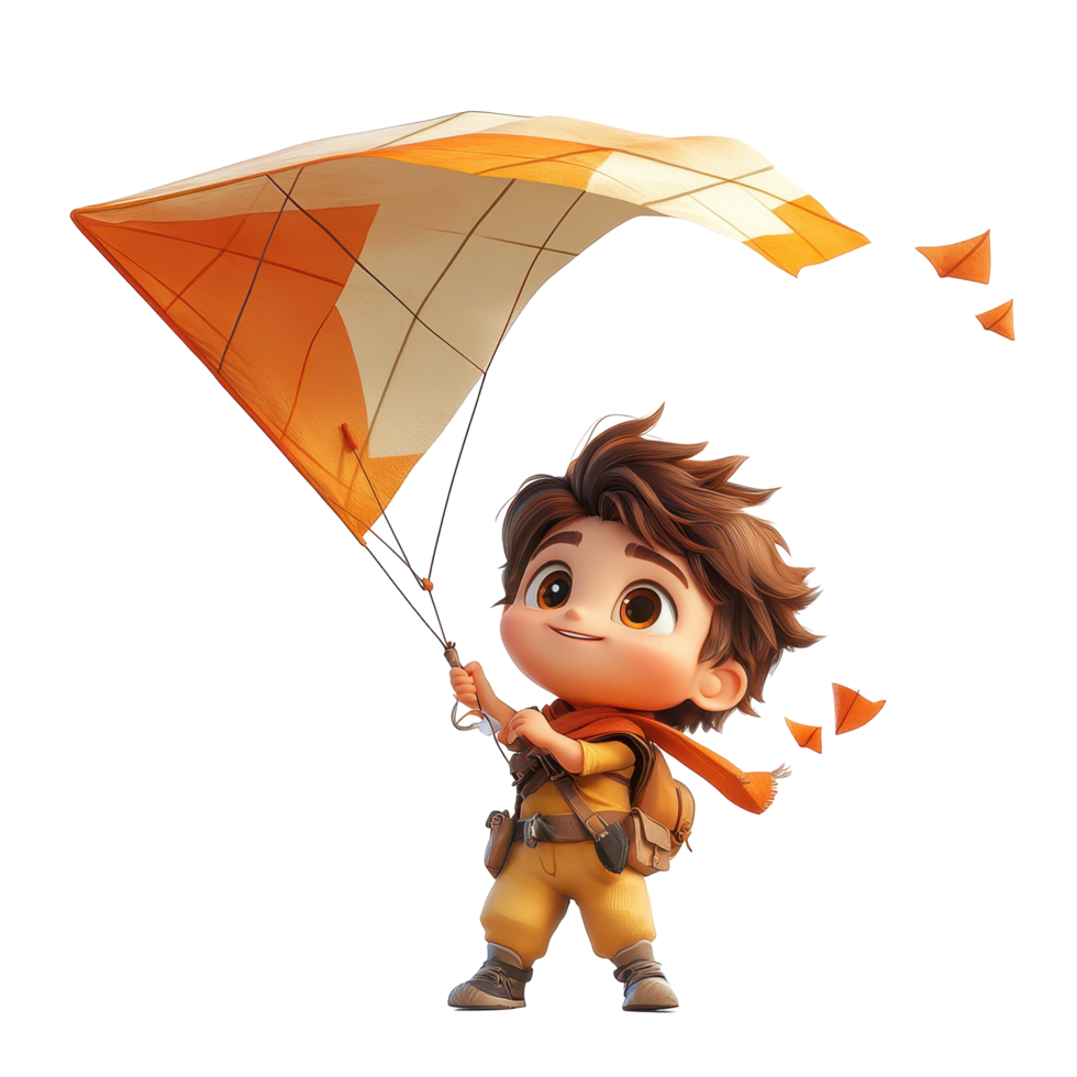 Joyful child flying a colorful kite on a sunny day in an open field isolated on transparent background. png