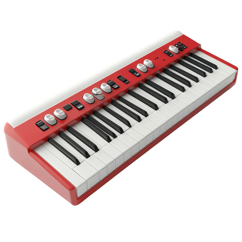 Compact red keyboard showcasing electronic music capabilities and unique design suitable for amateur and professional use isolated on transparent background. png