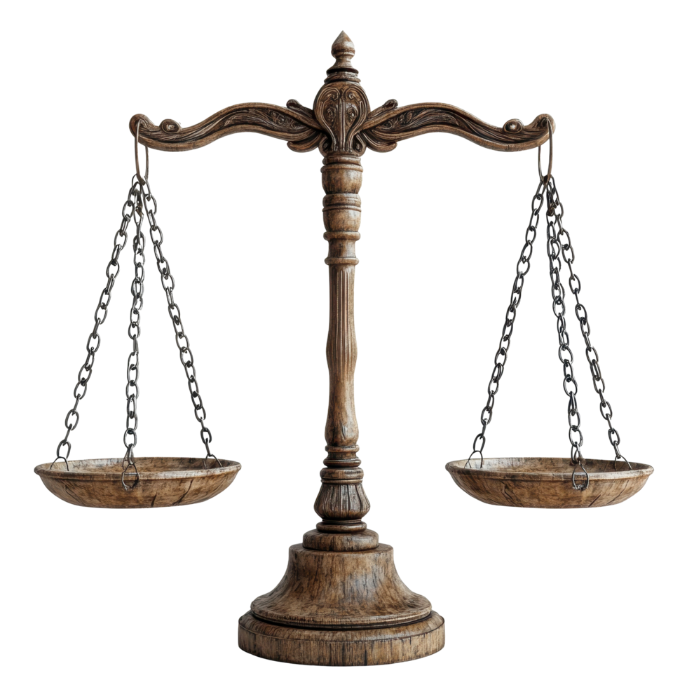 Elegant wooden balance scale showcasing measurements and justice principles in a traditional style isolated on transparent background. png