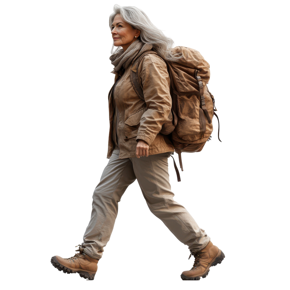 Woman hiking in natural environment with a large backpack during daylight hours isolated on transparent background. png