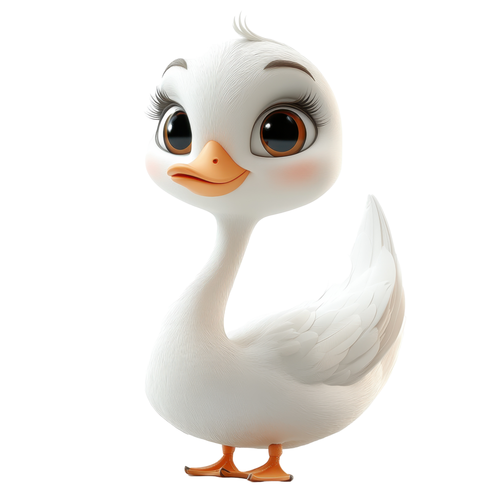 Cute cartoon duck character with big eyes and a smiling expression posing happily in a playful manner isolated on transparent background. png