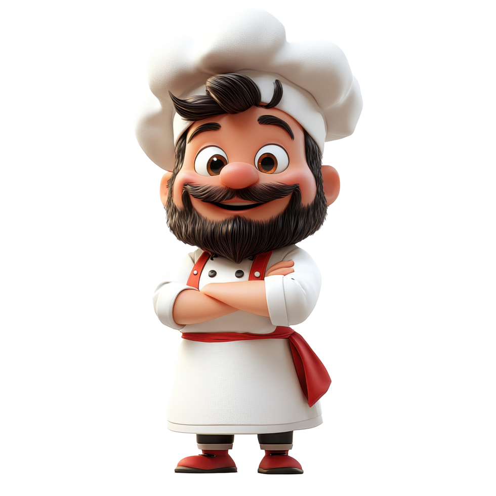 Cute animated chef character in a white uniform with a red scarf standing confidently with crossed arms isolated on transparent background. png