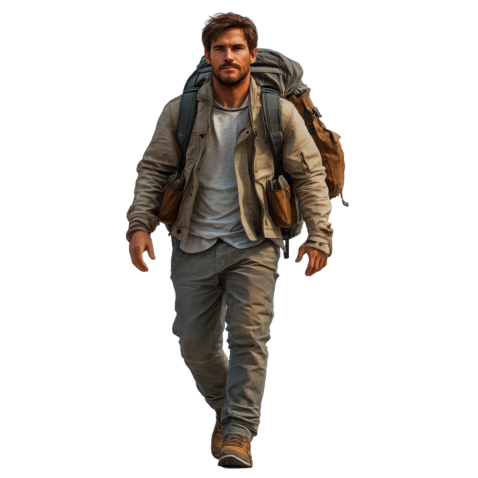 Adventurous hiker exploring the mountains with a well-equipped backpack during a sunny day isolated on transparent background. png