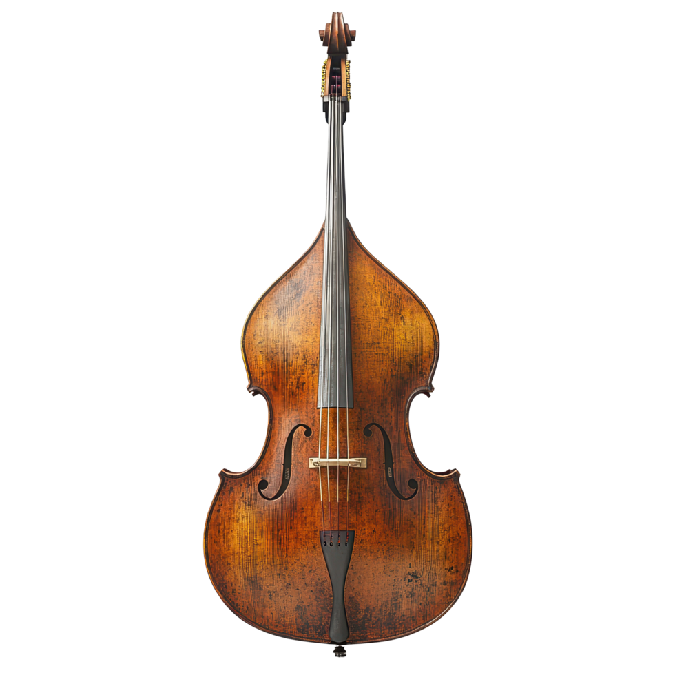 Vintage double bass displayed in a museum setting, showcasing its rich wood texture and craftsmanship isolated on transparent background. png