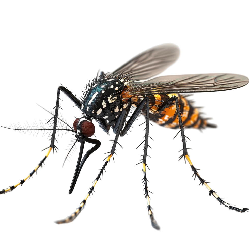 Detailed close-up of a colorful mosquito displaying intricate body patterns and textures isolated on transparent background. png