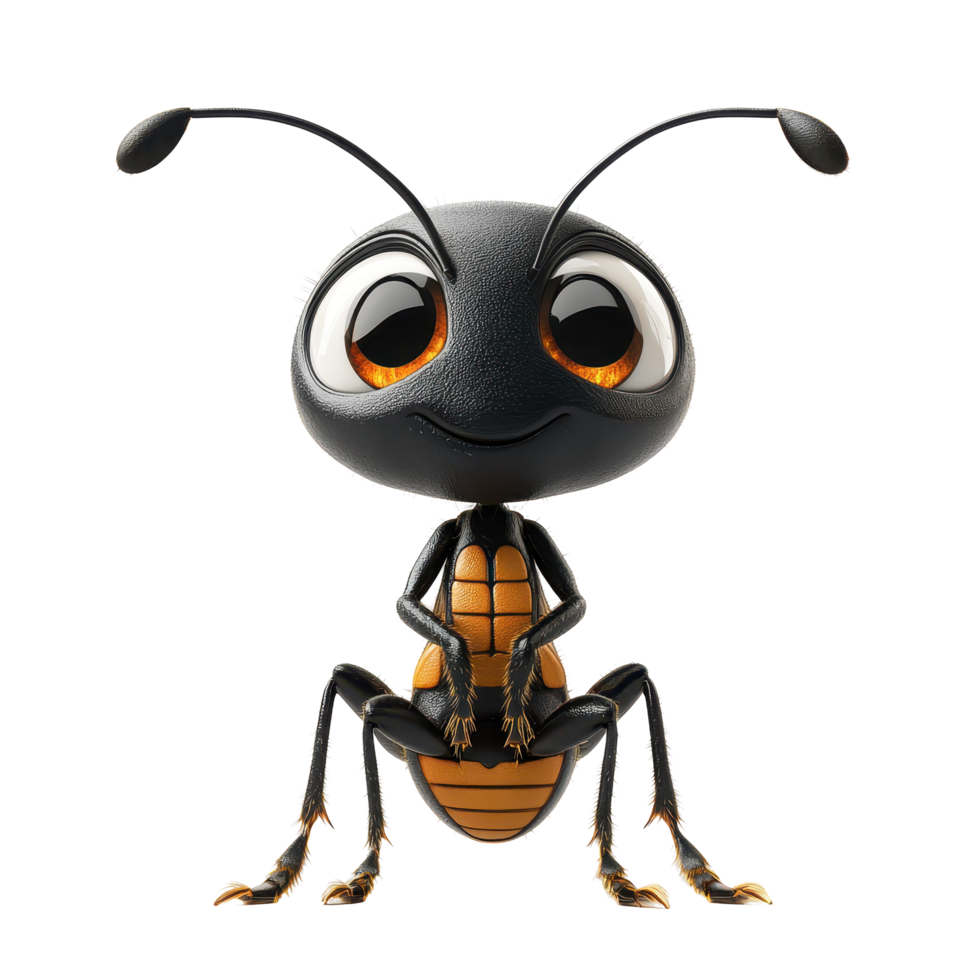 Cute cartoon ant character with large eyes and a friendly expression sitting on a white background isolated on transparent background. png