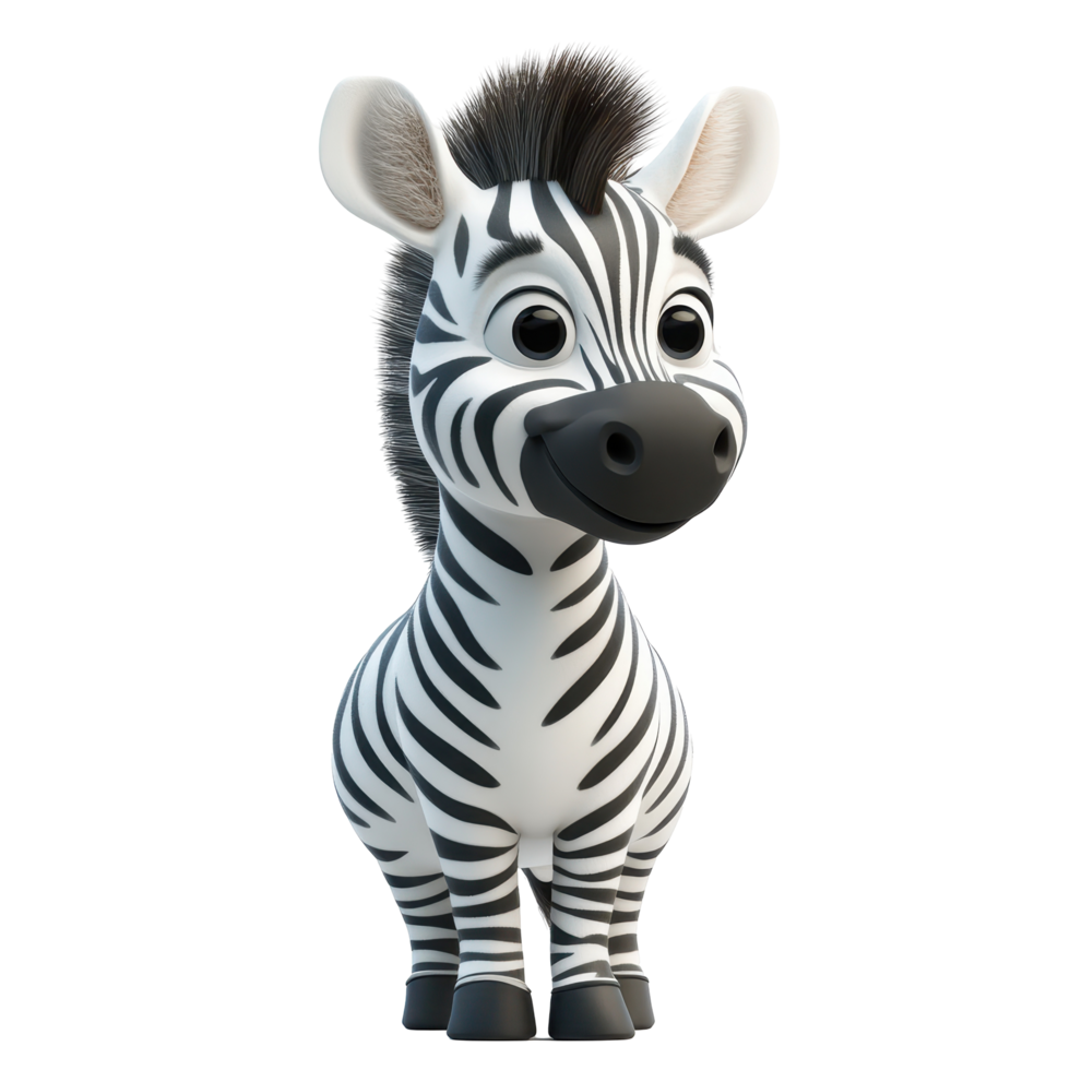 Cartoon zebra with big eyes stands playfully in a simplistic style, showcasing its distinctive black and white stripes isolated on transparent background. png